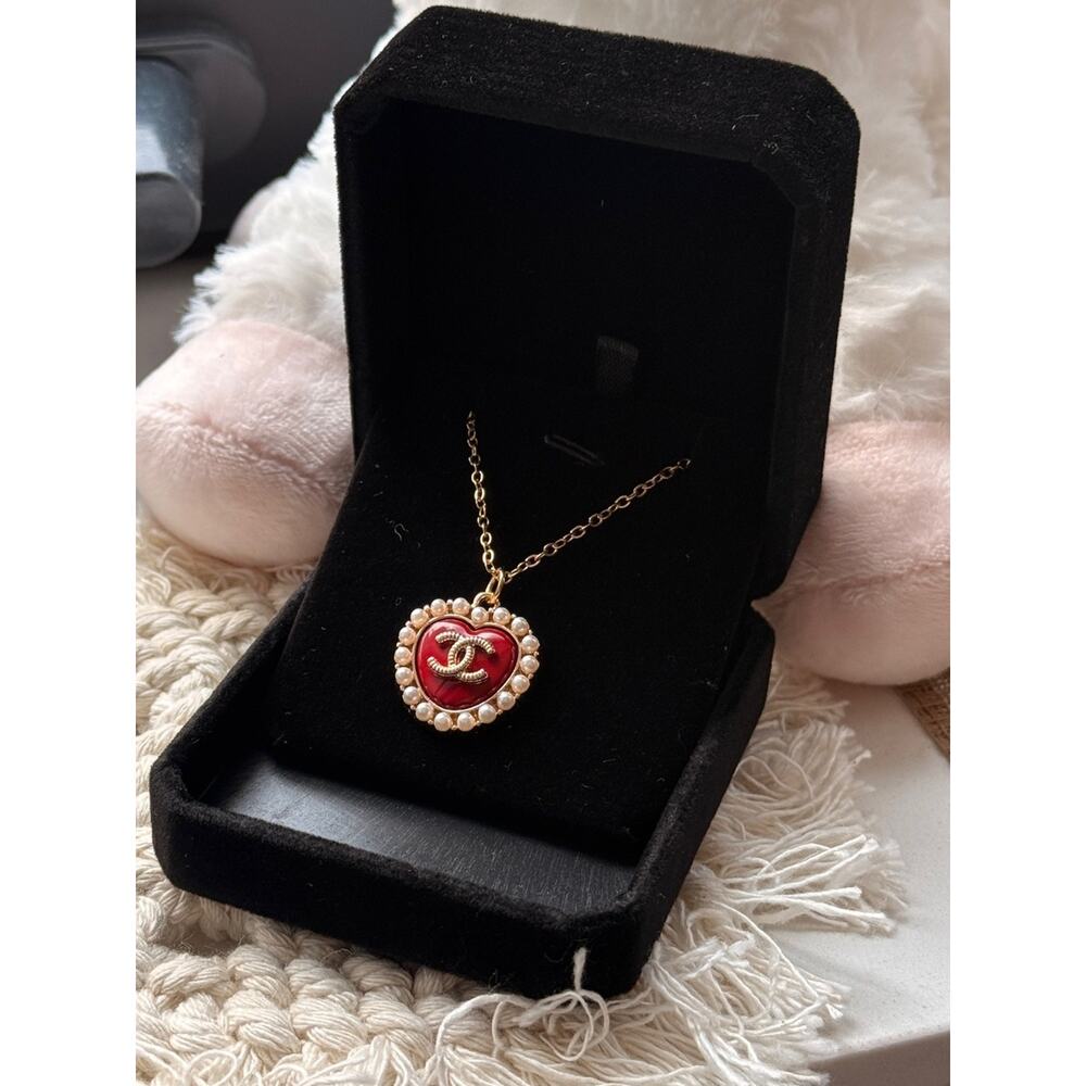 FREE Shipping✨Vintage CC Red Heart+Pearl Upcycled Necklace✨BOGO Sale
